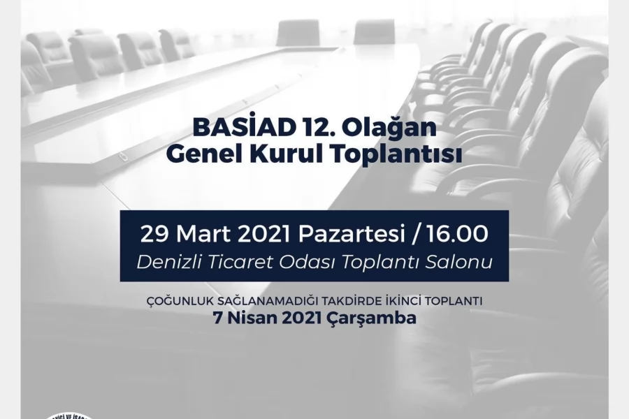 Derneğimizin 12. Olağan Genel Kurul Toplantısı 29 Mart 2021 Pazartesi günü saat 16.00’da Denizli Ticaret Odası’nın 1. katındaki toplantı salonunda yapılacaktır.