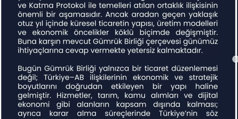 Türkiye–AB Gümrük Birliği Güncellenmelidir.