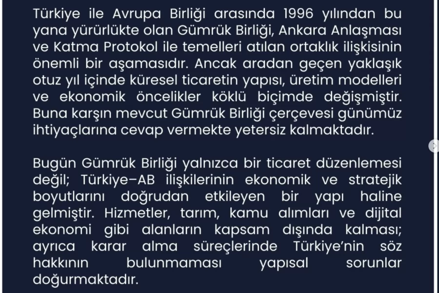Türkiye–AB Gümrük Birliği Güncellenmelidir.